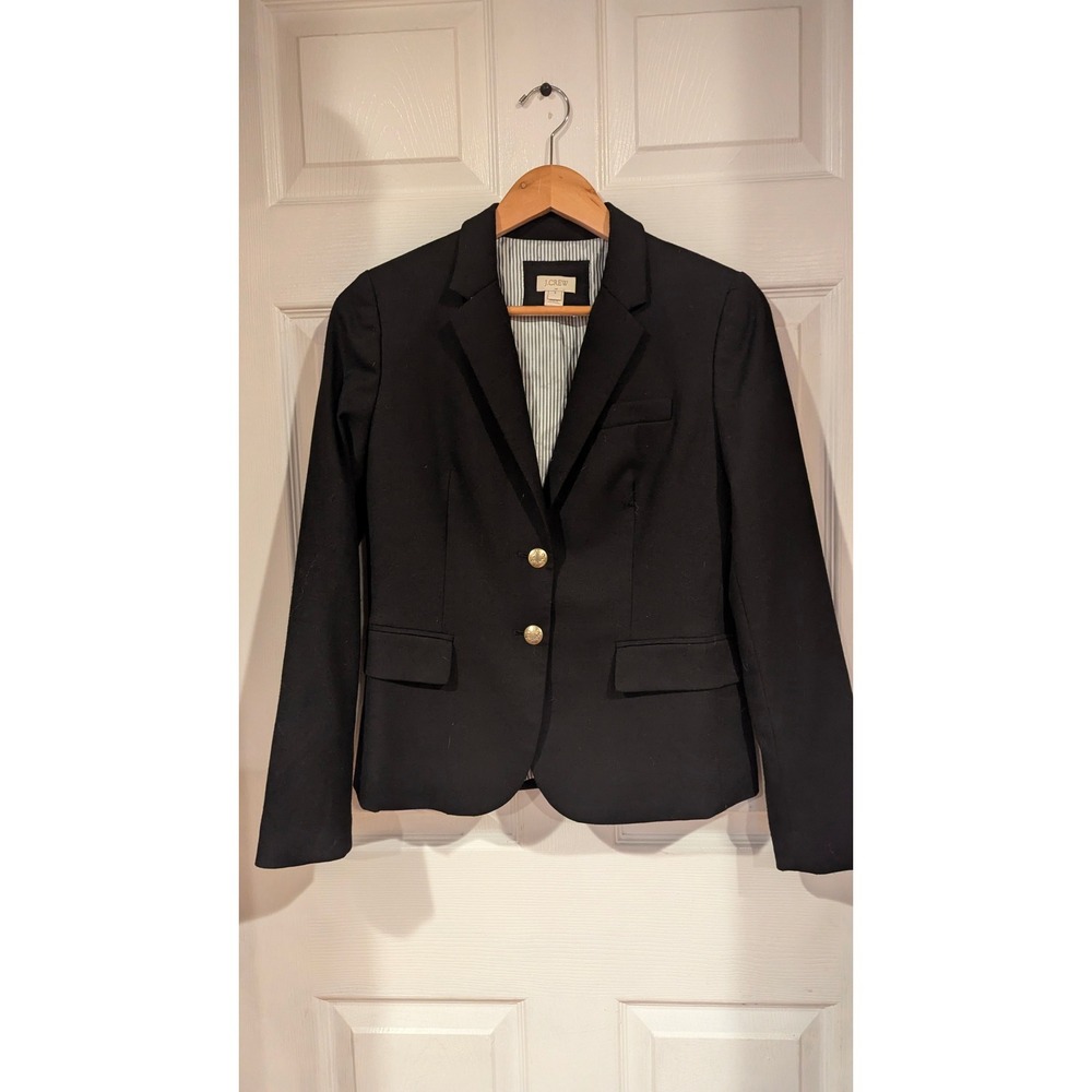 JCrew Wool Blend Blazer 6 Black Gold Crest Button‎ Equestrian Heritage Prep Chic